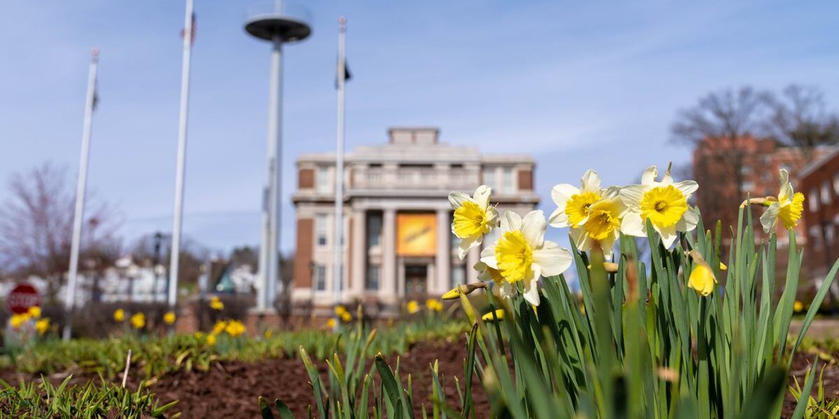 Ogelbay Hall with flowers starting to bloom on a spring day, Mar