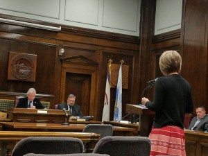 Shawnda Cook, Executive Director of Mon. Co. Habitat for Humanity, addresses Morgantown council about affordable housing projects. (Photo from Habitat social media.)